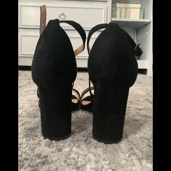 Faux Suede Black Strappy Block Heels Size 10 - Picture 6 of 8